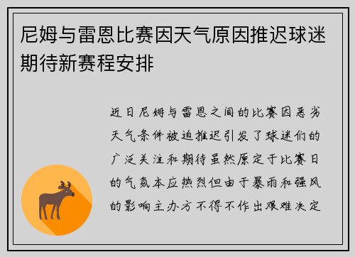 尼姆与雷恩比赛因天气原因推迟球迷期待新赛程安排